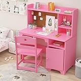 Crevyteg Kinderschreibtisch Set, Schreibtisch Kinder mit Stuhl aus Holz, Schülerschreibtisch mit Bücherregal, Schrank & Pinnwand, Jugendschreibtisch für Kinder ab 3 Jahren, Rosa