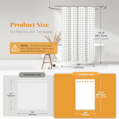 Image of BTTN Stall Fabric Shower Curtain - 54x78 Inch Boho Linen Heavy Duty Tassel Shower Curtain Set with 10 Hooks, Narrow Rustic Modern Farmhouse Neutral Cloth Shower Curtains for Bathroom - White and Black