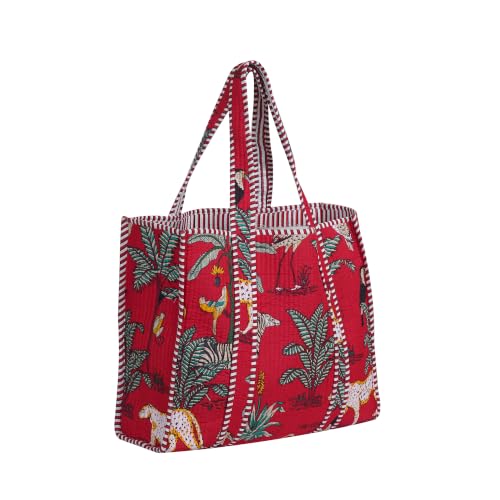 Image of Cotton Tiger Block Print Tote Bag, Indian Handmade Shopping Shoulder Bag, Unisex Market Daily Use