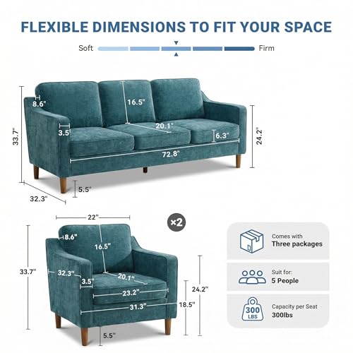 Image of Kingfun Couch Sets for Living Room, 3 Seater Couch and Armchair Set of 2, Mid Century Modern Sofa Chair, Chenille Couch with Solid Wood Frame for Bedroom