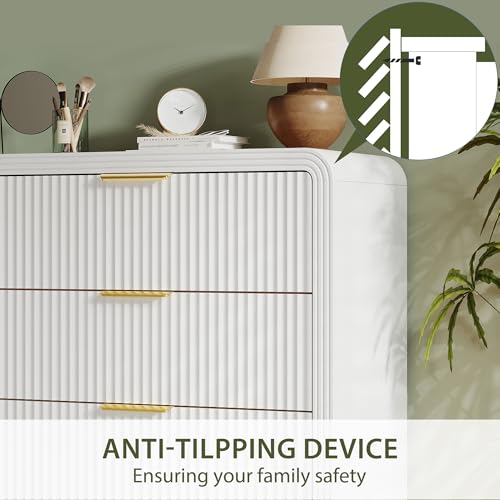Image of Decofy Fluted 5 Drawers Dresser, 48 inch Tall Modern Chest of Drawers with Round Edge & Metal Handle, Wood Drawer Organizer for Living Room, Bedroom, Entryway, Hallway (White)