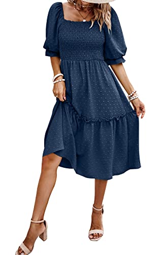 PRETTYGARDEN Women's Summer Casual Dresses 2025 Spring Puff Sleeve Square Neck A-line Flowy Boho Floral Smocked Midi Dress