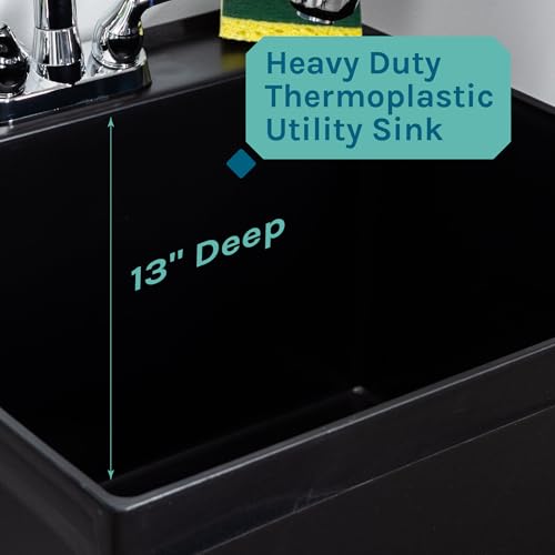 Black Utility Sink Laundry Tub With Pull Out Chrome Faucet, Sprayer Spout, Heavy Duty Slop Sinks For Washing Room, Basement, Garage or Shop, Large Free Standing Wash Station Tubs and Drainage