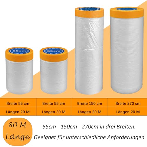4 Rollen Abdeckfolie mit Klebeband (55cm+150cm+270cm), Malerzubehör Abdeckband Malerfolie für Fenster Wasserdichte Malerfolie für Anstriche. Abdeckfolie Stark Für Malerbedarf, Werkzeuge und Tapeten