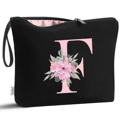 Image of Vavabox A-Z Personalized Makeup Bag, Birthday Gifts for Women Mom, Gifts for Best Friend, Bride Bridesmaid Cosmetic bag (F, 02-Black)