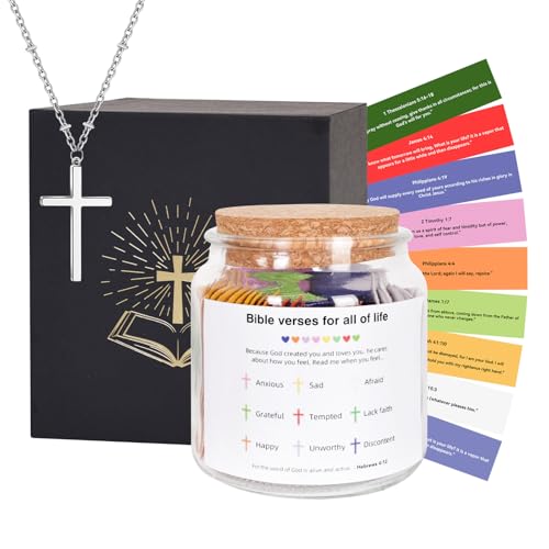 Tarro con versículos bíblicos, versículos de la Biblia para emociones y sentimientos, tarro de oración con 108 versículos de la Biblia y collar de cruz de plata, regalos cristianos para mujeres y