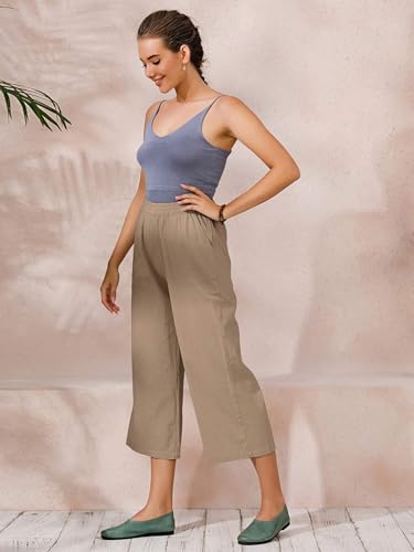 Image of ECUPPER Womens Cotton Cropped Pants Loose Fit Wide Leg Trousers | Casual, Plus Size, Elastic Waist, Capri, 100% Cotton, Slant Pockets, High Rise Waist, Lounge Pants