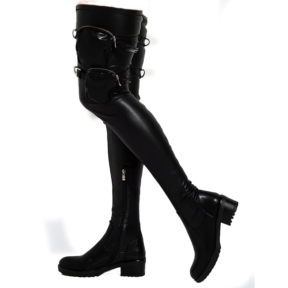 Womens Thigh High Boots, Round Toe Low Chunky Heel Flat Slip On Sexy PU Leather Surgical Stretch Riding Over the Knee High Boots - 8.5 4black