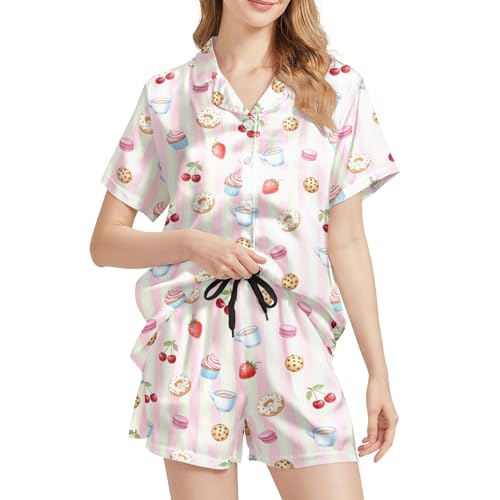 Image of Silk Satin Pajama Set for Women Summer Lounge Pjs Sets 2 Piece Suit Ladies Button Down Tops And Shorts Sleepwear
