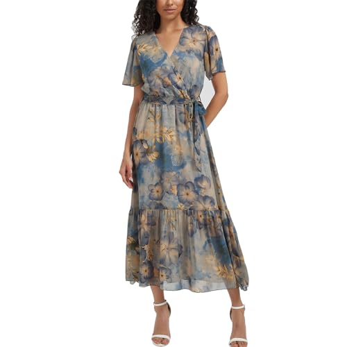 Image of Women's Summer Bohemian Floral Chiffon Dress Cap Sleeve V Neck Ruffle Long Flowy Boho Casual Vacation Dresses