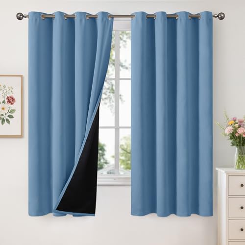 Image of YoungsTex 100% Blackout Curtains 63 Inch Length for Bedroom Window, Thermal Insulated Drapes with Grommet Heat Blocking for Living Room, Denim Blue, 2 Panels, 52 X 63 Inch