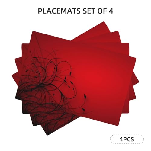 Vigginer VIGGINER-0509-RF-QZ-DP-08 Red Black Abstract Flower Placemats Set Of 4 Retro Floral Linen Washable Placemat Kitchen Dining Heat-Resistant Modern Rustic Place Mats Desktop Decor Table Mats 12X18 Inch thumb #1