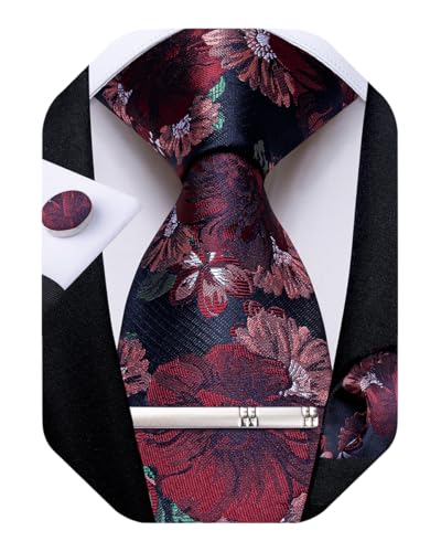 Image of DiBanGu Silk Floral Ties for Men Woven Paisley Necktie and Tie Clip Handkerchief Cufflinks Set for Party Wedding