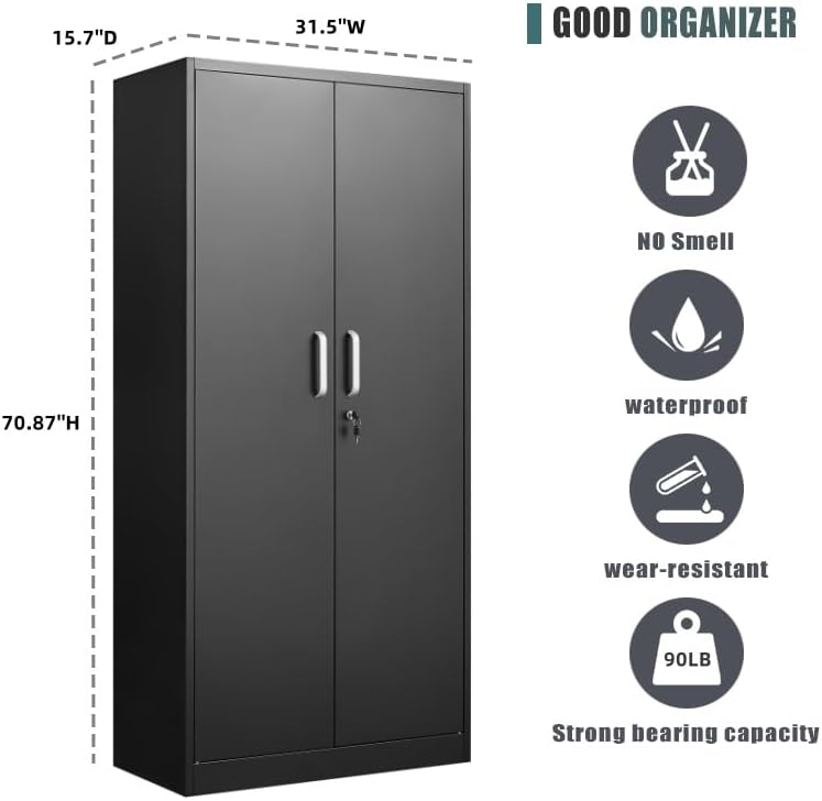 Miniatura 3 de Armario de almacenamiento de metal con estantes ajustables, armario de garaje con 2 puertas con cerradura, armario de almacenamiento de garaje,