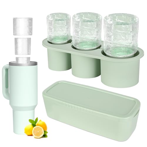 Zikenis Molde de Hielo para Stanley Cup,Molde de silicona para cubitos de hielo Stanley,Bandeja con 3 Cilindricos Huecos,accesorios de 20-40 onzas,Molde de Silicona para Hielo con Tapa - Verde