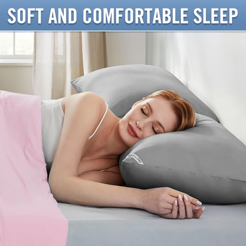 Image of Piwaal King Size Pillows 4 Pack Gray, Soft Firm Support for Sleepers | Set of 4 gray king pillows with down-alternative plush fill. Breathable & supportive for back, stomach, or side sleepers.