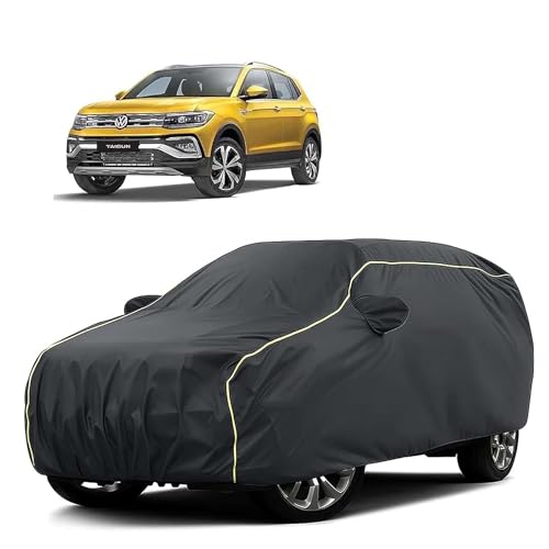 Image of Sulfar 100% Water Resistant Car Body Cover Compatible with Mirror for Volkswagen Taigun (Triple Stitched, Full Bottom Elastic, Dark Grey Tafetta with Yellow Piping)