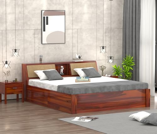 Image of Sheesham Wood King Size Bed with Drawer Storage Solid Wood Double Bed Palang Wooden Bed for Bedroom Living Room Furniture (Honey Finish)