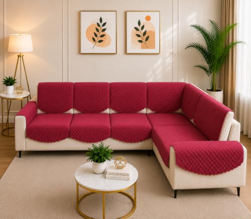 Image of Solid Color 7 Seater L-Shape Sofa Cover, Quilted Texture, Sectional Couch Protector for Living Room-Pack of 14 (Maroon)