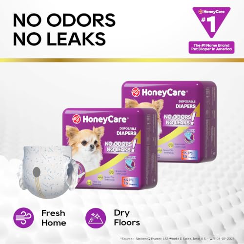Image of HONEY CARE All-Absorb Disposable Female Dog Diapers Extra Small Size, Improved, 50 Count, Super Absorbent, Breathable, Wetness Indicator (Pack of 1, 50 Count Total)