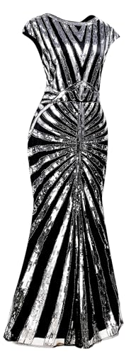 Image of Women Evening Maxi Long Dress 1920s Sequin Mermaid Hem Wedding Prom Gown Costume w / 20s Gatsby Accessories Set