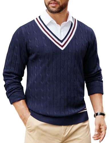 COOFANDY Mens V Neck Sweater Long Sleeve Cable Knit Sweater Christmas Sweater Preppy Style Navy Blue