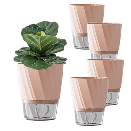 Aeetial Maceta de plástico con autorriego de 15 cm: maceta pequeña para interiores y exteriores, maceta para plantas y ventanas, 5 unidades (rosa)