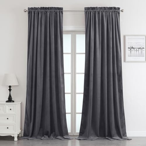 Benedeco Blackout Grey Velvet Curtains for Bedroom Window, Light Filtering Drapes for Living Room Darkening Soundproof Thermal Curtain Rod Pocket 52 x 84 inches Long Length Set of 2 Panels