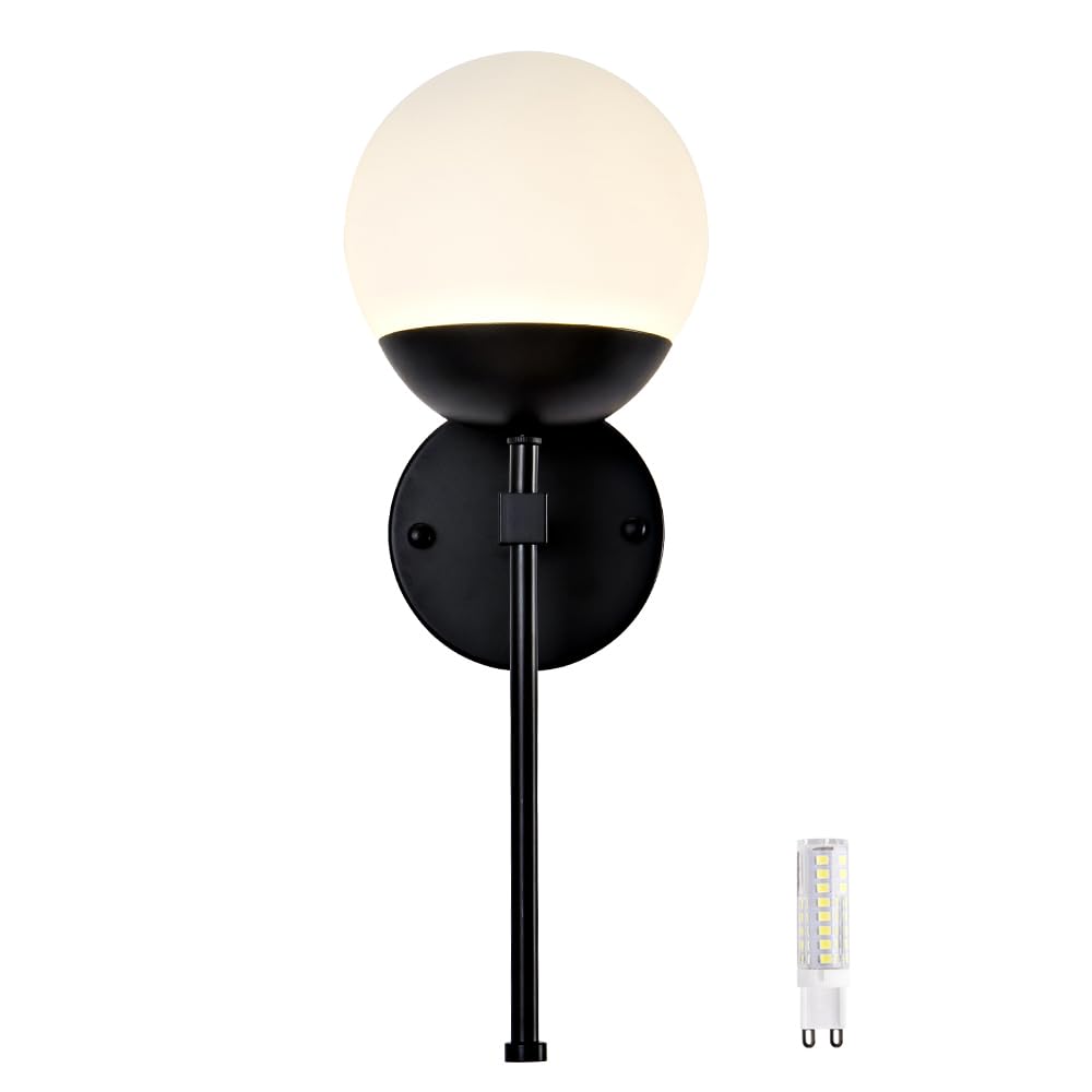 YEEZEMA Black Modern Wall Sconce Milk Glass Globe Sconces Wall Lighting Mid-Century Vanity Light Industrial Wall Lamp for Living Room Bedroom Bathroom Entryway