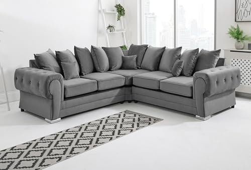 Sofahub Verona Grey Plush Velvet - Scatterback Sofa with Button Tufting & Chrome Feet – Foam Cushion 2 Seater, 3 Seater, 3+2 Seater & Corner Sofa Options - Living Room Sofa Set (Grey, Corner)