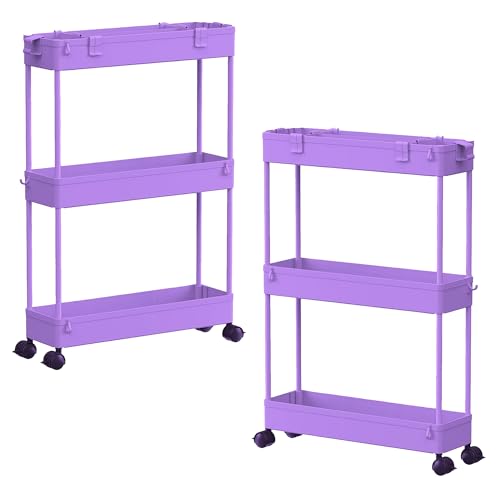 Image of SPACELEAD 2-piece Set Slim Storage Cart 3 Tier,Bathroom Organizer Rolling Utility,Mobile Shelving Unit Slide Out for Office, Kitchen, Laundry Room & Narrow Places