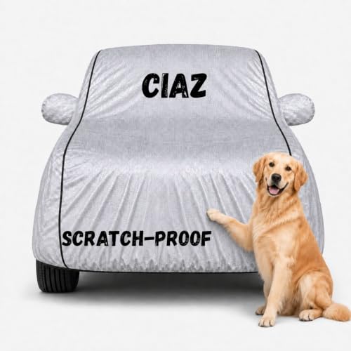 Image of 3 Layer Waterproof Car Body Cover for Ciaz All Weather Protection Comes with Inner Cotton Lining & Triple Stitched with Mirror & Antenna Pocket Belt & Elastic Fit (Silver)