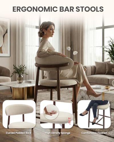 Image of Bar Stools Set of 2, 25.6″ Counter Height Bar Stools with Wood Legs, Upholstered Modern Kitchen Barstools for Kitchen Island Dining Room Bar, Beige