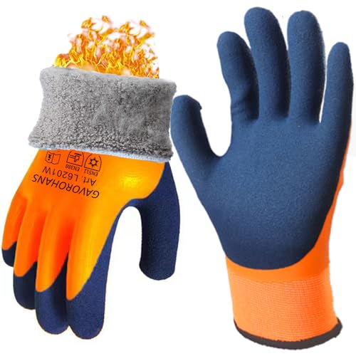 GAVOROHANS 1 par de guantes térmicos impermeables de trabajo de invierno a prueba de espinas, guantes de jardinería, forro polar de agarre superior, doble revestimiento de látex (M/8 pies)
