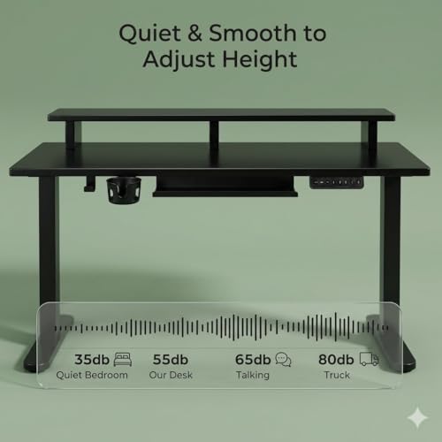 Image of Electric Height Adjustable Standing Desk with Cable Tray, Ergonomic Sit Stand Home Office Desk, Motorized Table (Black-Black Frame, 120X60CM)