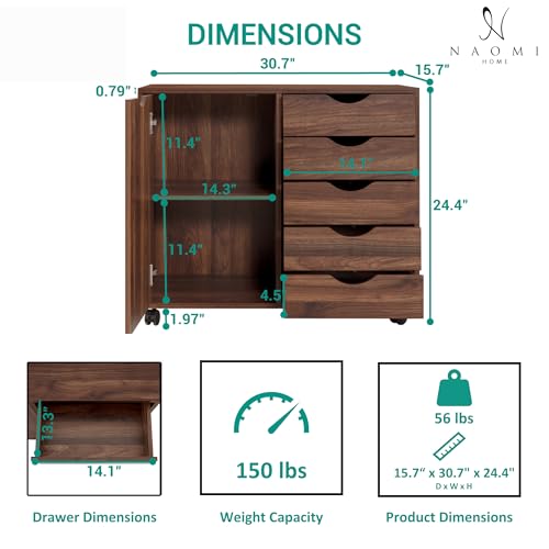 Image of Naomi Home Rolling Storage Cabinet with 5 Drawers & Side Cabinet, Engineered Wood Organizer with Shelves, Handle-Free Design & Swivel Casters for Home Office, Kids Room & Entryway - Brown Oak