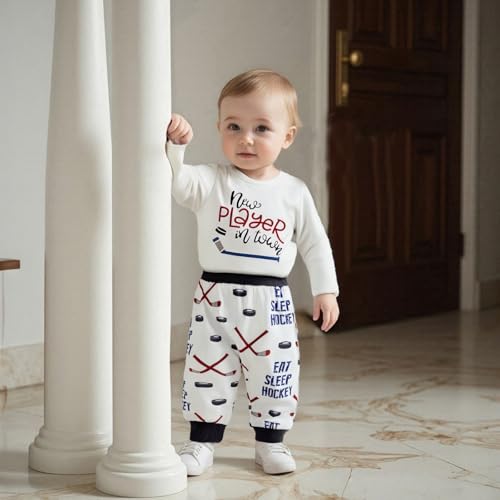 3Pcs Newborn Baby Boy Hockey Outfit Letter Long Sleeve Romper Shirt Pants Set +Hat Coming Home Outfit Fall Clothes3