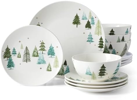 Lenox 893565 Balsam Lane 12-Piece Dinnerware Set, Green, Christma...