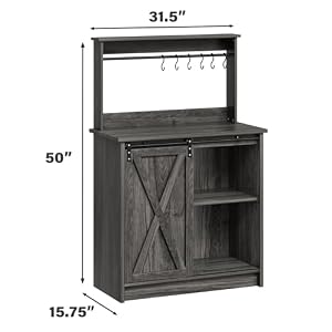 4ever2buy Farmhouse Coffee Bar Cabinet with Storage, Gray Coffee Bar with 6 Hooks, Coffee Bar Table with Sliding Barn Door, Wine Bar Cabinet with Adjustable Shelf for Living Dining Room 4ever2buy Farmhouse Coffee Bar Cabinet with Storage Gray Coffee Bar with 6 Hooks Coffee Bar Table with Sliding Barn Door Wine Bar Cabinet with Adjustable Shelf for Living Dining Room