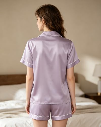 Image of 3 Piece Silk Satin Pajama Set for Women Soft Short Sleeve Button Down Pjs with Shorts Long Pants Sleepwear S-XXXL