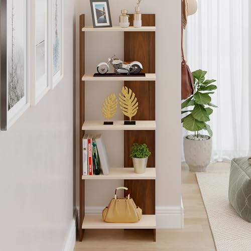 Image of BLUEWUD Lagoon Engineering Wood Multipurpose Floor Corner Stand Bookshelf with Home Decor Display Shelves Wall Book Storage Rack Organizer Cabinet Living Room Bedroom Office Home (Brown Maple & Beige)
