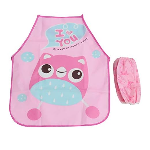 BESTONZON 3 stycken barn vattentäta förkläden tecknad rosa uggla mönster målning hantverk förkläden set för barn gåva (1 st förkläde + 2 stycken ärmar)
