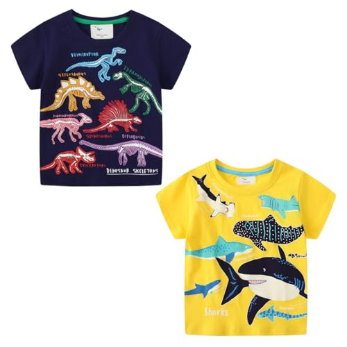 Toddler Boys T-Shirt Glow in The Dark Unisex 2Pc Short Sleeve Shirt Dinosaurs Sharks Graphic 2-7Y