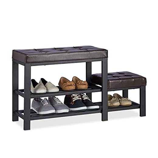 Relaxdays Banco Zapatero con Taburete Y 2 Niveles, Piel sintética y Metal, Marrón, 50 X 90 X 30 Cm