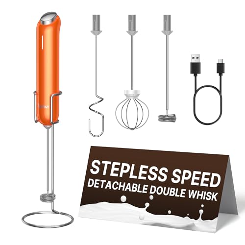 Image of InstaWhisk Milk Frother with Variable Speed, Rechargeable Coffee Frother Wand with Detachable Double Whisk, Handheld Electric Stirrer for Latte, Cappuccino, Matcha, Almond Milk, Protein, Orange