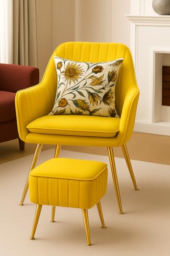 Image of Velvet Accent Chair with Matching Pouffe & Floral Cushion | Modern Upholstered Armchair with Gold Metal Legs | Lounge Chair for Living Room, Bedroom, Office, Guest Room (Yellow)