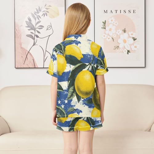 Satin Pajama Sets Short Sleeve Lemon Branches on Flag Button Down Silky Nightwear 2 Piece PJS 5Y,4