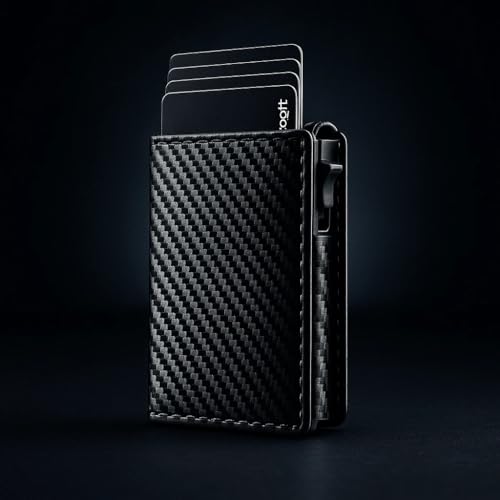 Smart Bifold Airtag Wallet for Men – RFID Blocking Pop-Up Bifold Credit Card Holder with ID Window, Slim Aluminum Case Fits 12+ Cards, Coffee Brown, Comes in a Gift Box (Carbon-Fiber Black)2