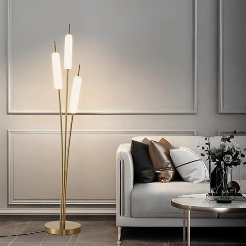 Image of Modern Gold Floor Lamp with 3-Color LED | Minimalist Standing Lamp for Living Room & Bedroom | Metal Floor Lamp for Home Decor, Study & Corner Lighting