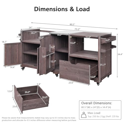 Image of Merax 80.5 inch Outdoor Kitchen Island for Big Green Egg& Blackstone Griddle, Solid Wood Grill Cart Table with Stainless Steel Top, for Large Big Green Egg and 21 inch /28 inch Blackstone Griddle, Dark Brown